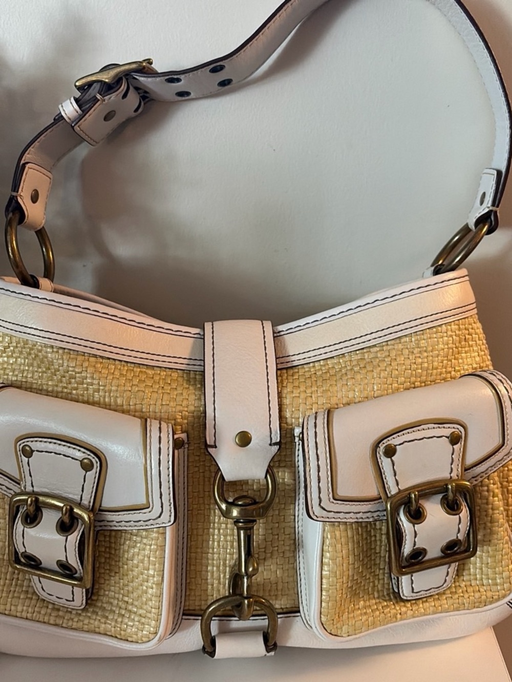 Coach Straw Shoulder Bag with White Leather Trim